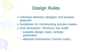 51
Design Rules
• Interface between designer and process
engineer
• Guidelines for constructing process masks
• Unit dimension: Minimum line width
– scalable design rules: lambda
parameter
– absolute dimensions (micron rules)
 