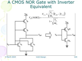 5 March 2024 VLSI Design 120
A CMOS NOR Gate with Inverter
Equivalent
 
n
p
p
T
DD
n
p
n
T
th
k
k
V
V
k
k
V
NOR
V
4
1
4
)
2
(
,
,




 