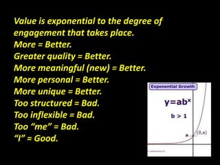 Value is exponential to the degree of
engagement that takes place.
More = Better.
Greater quality = Better.
More meaningfu...
