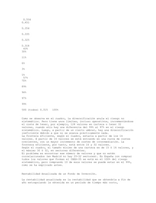 0.554
0.451
0.354
0.335
0.325
0.318
43%
30%
11%
6%
3%
1%
57%
70%
89%
94%
97%
99%
500 (todos) 0.315 100%
Como se observa en el cuadro, la diversificación anula el riesgo no
sistemático. Pero tiene unos límites, incluso operativos, incrementándose
el coste de tener, por ejemplo, 128 valores en cartera o tener 32
valores, cuando sólo hay una diferencia del 99% al 97% en el riesgo
sistemático. Luego, a partir de un cierto umbral, hay una diversificación
ineficiente debido a que no se avanza prácticamente nada.
La frontera eficiente, según el cuadro, estaría a partir de los 16
valores. A partir de 16 valores se está entrando en una curva de costes
crecientes, con un mayor incremento de costes de intermediación. La
frontera eficiente, por tanto, está entre 16 y 32 valores.
Según el cuadro, el tamaño mínimo de una cartera es de 15 ó 16 valores, y
el máximo 30 ó 32, en sectores diferentes.
El problema es encontrar ese número de valores y que no estén
correlacionados (en Madrid no hay 25-32 sectores). En España con comprar
todos los valores que forman el IBEX-35 se está en el 100% del riesgo
sistemático, pero comprando 10 de esos valores se puede estar en el 99%,
como se ha explicado antes.
Rentabilidad Anualizada de un Fondo de Inversión.
La rentabilidad anualizada es la rentabilidad que se obtendría a fin de
año extrapolando la obtenida en un período de tiempo más corto,
 