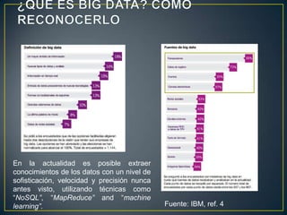 En la actualidad es posible extraer
conocimientos de los datos con un nivel de
sofisticación, velocidad y precisión nunca
antes visto, utilizando técnicas como
“NoSQL”, “MapReduce” and “machine
learning”. Fuente: IBM, ref. 4
 