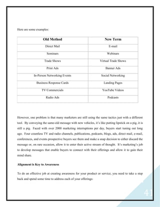 41
Here are some examples:
Old Method New Term
Direct Mail E-mail
Seminars Webinars
Trade Shows Virtual Trade Shows
Print Ads Banner Ads
In-Person Networking Events Social Networking
Business Response Cards Landing Pages
TV Commercials YouTube Videos
Radio Ads Podcasts
However, one problem is that many marketers are still using the same tactics just with a different
tool. By conveying the same-old message with new vehicles, it’s like putting lipstick on a pig, it is
still a pig. Faced with over 2000 marketing interruptions per day, buyers start tuning out long
ago. Four countless TV and radio channels, publications, podcasts, blogs, ads, direct mail, e-mail,
conferences, and events prospective buyers see them and make a snap decision to either discard the
message or, on rare occasion, allow it to enter their active stream of thought. It’s marketing’s job
to develop messages that enable buyers to connect with their offerings and allow it to gain their
mind share.
Alignment is Key to Awareness
To do an effective job at creating awareness for your product or service, you need to take a step
back and spend some time to address each of your offerings:
 