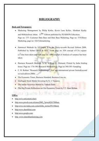 82
BIBLIOGRAPHY
Book and Newspapers:
 Marketing Management by Philip Kotler, Kevin Lane Keller, Abraham Koshy
and Mithileshwar Johan. 13the Edition published by PEARSON Education.
Page no: 137- Customer Data Base and Data Base Marketing, Page no: 519-Direct
Marketing, page no: 524-Telemarketing.
 Statistical Methods by S.P.Gupta. It is the Thirty-seventh Revised Edition, 2008,
Published by Sultan Chand & Sons. From page no: 954 concept of C h i -square
(x2) has been taken and from page no: 1006 concept of Analysis of variance has been
taken.
 Business Research Methods 7e by William G. Zikmund, Printed by India binding
house. Page no: 174-190:-Research Methodology. Page no:360-385:-Sampling
 C. R. Kothari “Research Methodology” New age international private limited(second
revised edition-2004)
 The Economic Times, Business Standard, Business Line etc.
 Intelligent Stock Market Investing by N. J. Yasaswy.
 The Indian Securities Market by Tadashi Endo.
 The Big Picture Reflections on Our Economic Times by T.T. Ram Mohan.
URLs:
 http.www.netcontent.share
 http.www.prweb.com.releases2005_7prweb261788hun.
 http:www.me-mdia.com.centerfolds_stortes59110html.
 http:www.sharekhan.com
 http:www.google.com
 http: www.sharekhanlearning.com
 