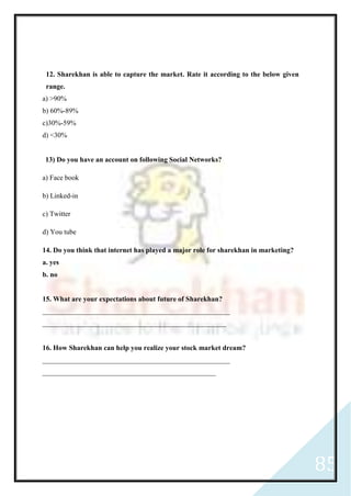 85
12. Sharekhan is able to capture the market. Rate it according to the below given
range.
a) >90%
b) 60%-89%
c)30%-59%
d) <30%
13) Do you have an account on following Social Networks?
a) Face book
b) Linked-in
c) Twitter
d) You tube
14. Do you think that internet has played a major role for sharekhan in marketing?
a. yes
b. no
15. What are your expectations about future of Sharekhan?
_____________________________________________________
____________________________________________________
16. How Sharekhan can help you realize your stock market dream?
_____________________________________________________
_________________________________________________
 