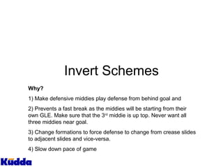 Invert Schemes
Why?
1) Make defensive middies play defense from behind goal and
2) Prevents a fast break as the middies will be starting from their
own GLE. Make sure that the 3rd
middie is up top. Never want all
three middies near goal.
3) Change formations to force defense to change from crease slides
to adjacent slides and vice-versa.
4) Slow down pace of game
 