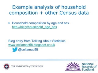 Example analysis of household
composition + other Census data
Household composition by age and sex
http://bit.ly/household_age_sex
Blog entry from Talking About Statistics
www.celiamac58.blogspot.co.uk
@celiamac58
 