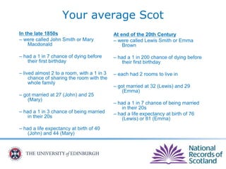 Your average Scot
In the late 1850s
– were called John Smith or Mary
Macdonald
– had a 1 in 7 chance of dying before
their first birthday
– lived almost 2 to a room, with a 1 in 3
chance of sharing the room with the
whole family
– got married at 27 (John) and 25
(Mary)
– had a 1 in 3 chance of being married
in their 20s
– had a life expectancy at birth of 40
(John) and 44 (Mary)
At end of the 20th Century
– were called Lewis Smith or Emma
Brown
– had a 1 in 200 chance of dying before
their first birthday
– each had 2 rooms to live in
– got married at 32 (Lewis) and 29
(Emma)
– had a 1 in 7 chance of being married
in their 20s
– had a life expectancy at birth of 76
(Lewis) or 81 (Emma)
 
