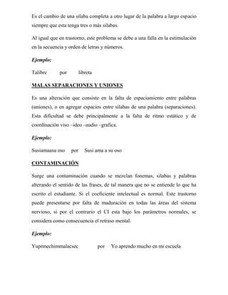 Es el cambio de una silaba completa a otro lugar de la palabra a largo espacio
siempre que esta tenga tres o más silabas.

Al igual que en trastorno, este problema se debe a una falla en la estimulación
en la secuencia y orden de letras y números.

Ejemplo:

Talibre      por         libreta

MALAS SEPARACIONES Y UNIONES

Es una alteración que consiste en la falta de espaciamiento entre palabras
(uniones), o en agregar espacios entre silabas de una palabra (separaciones).
Esta dificultad se debe principalmente a la falta de ritmo estático y de
coordinación viso –ideo –audio –grafica.

Ejemplo:

Susiamaasu oso     por      Susi ama a su oso

CONTAMINACIÓN

Surge una contaminación cuando se mezclan fonemas, silabas y palabras
alterando el sentido de las frases, de tal manera que no se entiende lo que ha
escrito el estudiante. Si el coeficiente intelectual es normal. Este trastorno
puede presentarse por falta de maduración en todas las áreas del sistema
nervioso, si por el contrario el CI esta bajo los parámetros normales, se
considera como consecuencia el retraso mental.

Ejemplo:

Yuprmechimmalacsec                 por   Yo aprendo mucho en mi escuela
 