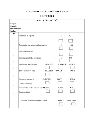 EVALUACIÓN, EN EL PROCESO Y FINAL

                                       LECTURA
                                   FICHA DE OBSERVACIÓN
Lugar:
Escuela:
Observador :
Fecha:
  No.
   1     La lectura es legible                             SI       NO


   2
           Pronunciar correctamente las palabras           SI        NO
   3
           Leer correctamente                              SI       NO
   4
           Cumplen con todas sus tareas                    SI       NO
   5
           Le distraen con facilidad          SIEMPRE    A VECES    NUNCA

   6
           Tiene hábitos de aseo              MUCHOS    POCOS        NADA


   7
           Presentan normas de              MUCHO       POCO         NADA

            comportamiento
   8
           Dominan las cuatro operaciones MUCHO          POCO        NADA

           fundamentales
   9


           Tienen los útiles escolares necesarios        TODOS     ALGUNOS
 