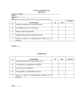 EVALUACIÓN INICIAL
                                                                  LECTURA
Nombre del Niño:……………………………………………..………………….
Edad:………………..
Maestro:………………………………………………………….
Año.................................................................................................
                                                                                                            A VECES
 #                           ACTIVIDAD                                                  SI             NO
 1       Emplea de manera eficaz normas de lectura

 2       La modulación de su voz es correcta

 3       Respeta signos de puntuación

 4       Mantiene buena presencia durante la lectura

 5       Tiene en cuenta las recomendaciones hechas por el
         profesor.


NOTA............




                                                    ESCRITURA


 #                           ACTIVIDAD                                                  SI             NO   A VECES
 1       Emplea de manera eficaz normas de escritura

 2       Su caligrafía es completamente entendible

 3       No tiene errores ortográficos

 4       Posee rapidez al escribir diferentes textos

 5       Tiene en cuenta las recomendaciones hechas por el
         profesor.




NOTA .............
 