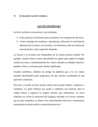      FUNDAMENTACIÓN TEÓRICA




                           LECTO ESCRITURA

La lecto escritura es un proceso y una estrategia.

     Como proceso lo utilizamos para acercarnos a la comprensión del texto.
     Como estrategia de enseñanza –aprendizaje, enfocamos la interrelación
       intrínseca de la lectura y la escritura y la utilizamos como un sistema de
       comunicación y meta cognición integrado.

La lectura y la escritura son inseparables de un mismo proceso mental. Por
ejemplo, cuando leemos vamos descifrando los signos para captar la imagen
acústica de estos y simultáneamente los vamos cifrando en unidades mayores:
palabras, frases y oraciones para obtener significado.

Cuando escribimos, ciframos un código las palabras que a su vez vamos
leyendo (descifrando) para asegurarnos de que estamos escribiendo lo que
queremos comunicar.

Para leer y escribir el lecto escritor utiliza claves grafo fonético, sintáctico y
semántico. La grafo fonética nos ayuda a establecer una relación entre el
código (letras o signos)y la imagen acústica que representan. La clave
sintáctica no revela la estructura del lenguaje utilizado en el texto, mientras
que la clase semántica se refiere a los conocimientos (léxicos) y experiencias
estructurales de lecto escritor (conocimiento previo).
 