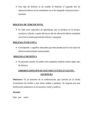  Este tipo de dislexia se da cuando al finalizar el segundo año de
      educación básica en los estudiantes no se ha integrado el proceso lecto –
      escritura.



DISLEXIA DE TERCER NIVEL

    Es todo error específico de aprendizaje que se produce en la lectura,
      escritura y cálculo, a partir del tercer año de educación básica cotejando
      con el nivel intelectual normal inferior o marginal.

DISLEXIA EVOLUTIVA

    Corresponde a aquellos educandos que han pasado por los tres tipos de
      dislexia anteriormente mencionados.

DISLEXIA COGNITIVA

    Se presenta cuando los padres del estudiante también tienen algún tipo
      de dislexia

      ERRORES ESPECÍFICOS MÁS FRECUENTES EN LECTO –
                                ESCRITURA

Omisiones: Es un trastorno de la simbolización, que consiste en el olvido
involuntario de escribir o leer letras silabas o palabras. Se originan por una
lenificación madurativa en la memoria visual y auditiva.

Ejemplo

Sulo por    suelo
 