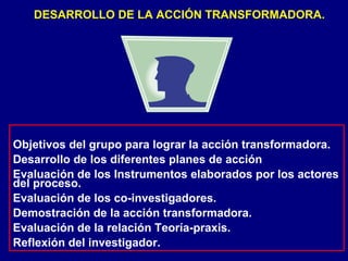 DESARROLLO DE LA ACCIÓN TRANSFORMADORA.
Objetivos del grupo para lograr la acción transformadora.
Desarrollo de los diferentes planes de acción
Evaluación de los Instrumentos elaborados por los actores
del proceso.
Evaluación de los co-investigadores.
Demostración de la acción transformadora.
Evaluación de la relación Teoría-praxis.
Reflexión del investigador.
 
