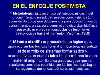 EN EL ENFOQUE POSITIVISTA
Metodología: Estudio crítico del método, es decir, del
procedimiento para adquirir nuevos conocimientos (…)
sucesión de pasos que debemos dar para descubrir nuevos
conocimientos, o sea, para comprobar o disprobar hipótesis
que explican o predicen conductas de fenómenos
desconocidos hasta el momento. (Pardinas, 1968)
Método científico: procedimiento lógico que,
apoyado en las lógicas formal e inductiva, garantiza
el desarrollo de sistemas formalizados y
acumulativos en cuanto tales hacen referencia a un
material empírico. Se encarga de asegurar que los
resultados concretos obtenidos por las técnicas satisfagan
las siguientes demandas teórico-epistemológicas
 