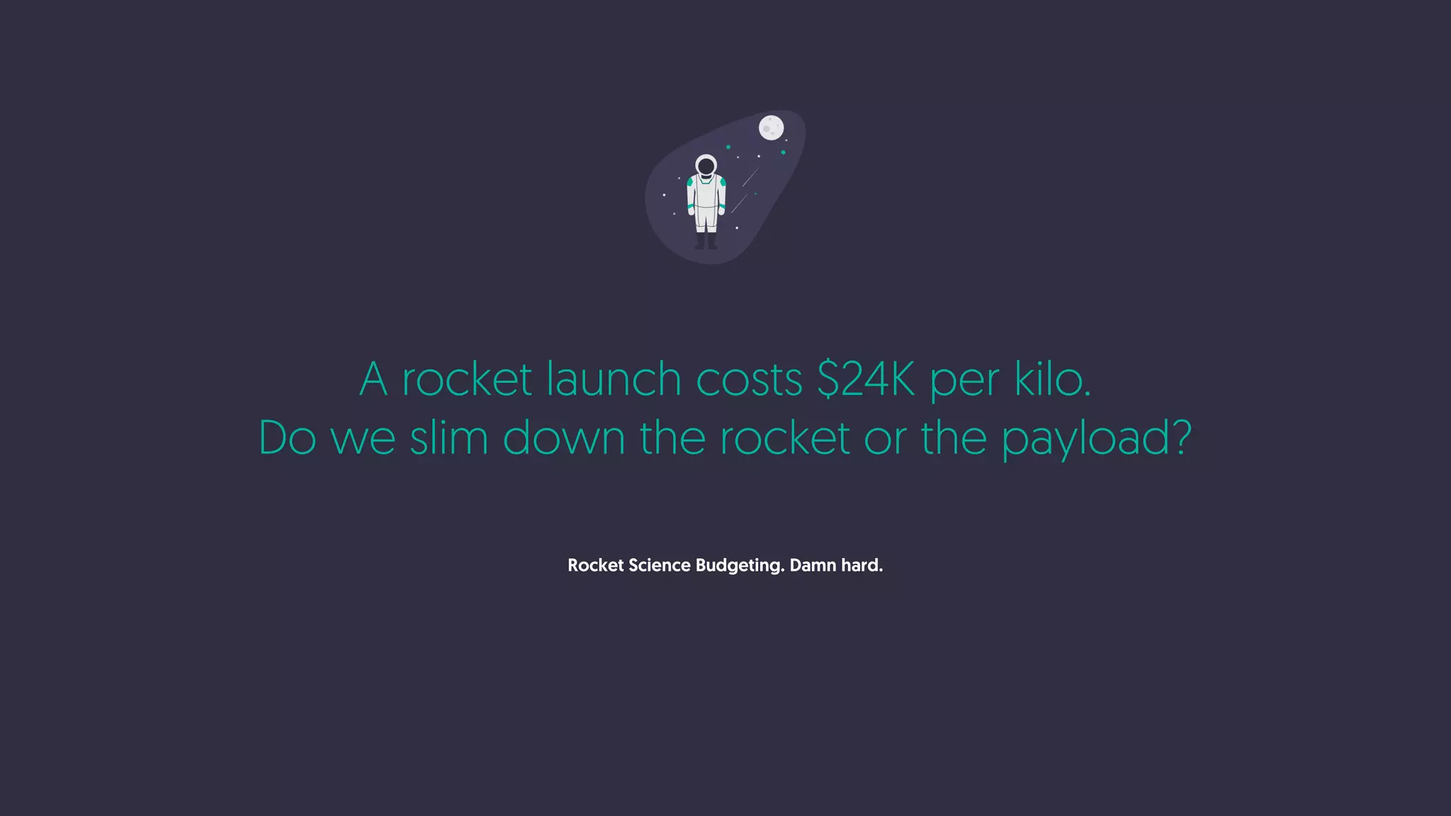 A rocket launch costs $24K per kilo.
Do we slim down the rocket or the payload?
Rocket Science Budgeting. Damn hard.
 