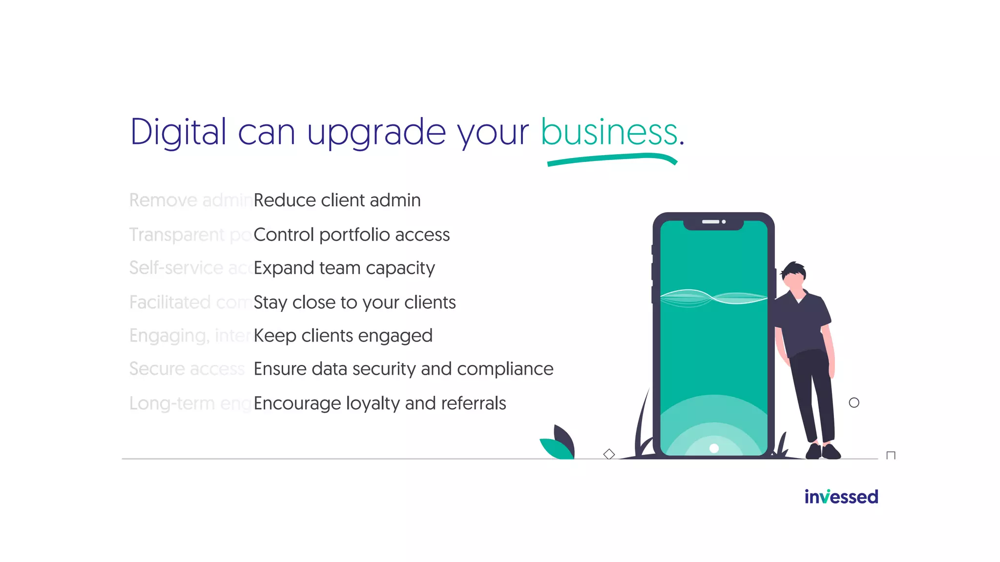 Digital can upgrade your business.
Reduce client admin
Control portfolio access
Expand team capacity
Stay close to your clients
Keep clients engaged
Ensure data security and compliance
Encourage loyalty and referrals
 