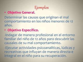 Ejemplos
• Objetivo General.
Determinar las causas que originan el mal
comportamiento en los niños menores de 12
años.
• Objetivo Específico.
-Indagar de manera profesional en el entorno
familiar del niño de 12 años para descubrir las
causales de su mal comportamiento.
-Ejecutar actividades psicoanalíticas, lúdicas y
recreativas que influyan de manera directa e
integral en el niño para su recuperación.
 