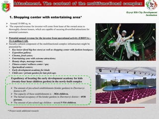 1. Shopping center with entertaining area*
 Around 10 000 sq. m.
 The expected revenue for investor will come from lease of the owned areas to
thoroughly chosen lessees, which are capable of securing diversified attractions for
potential customers.
 Potential annual revenue for the investor from operational activity (EBIDTA) –
33, 6 million UAH.
 Socially-cultural component of the multifunctional complex infrastructure might be
presented by:
• Key leaser (food big-box store) as well as shopping center with fashion boutiques;
• Exposition gallery;
• Cinema, food-zones;
• Entertaining zone with extreme attractions;
• Beauty shops, massage rooms;
• Fitness-center/ wellness center / spa;
• Spa/medical centers;
• Early development academy for kinds
• Child care / private garden for late pick-ups.

Expediency of locating the early development academy for kids
(twenty-four hour children garden) in the newly-built complex
 The amount of pre-school establishments (kinder gardens) in Zhovtnevyi
district is 27.
 The capacity of these establishments is – 3826 children.
 The factual occupancy of the kinder gardens in Zhovtnevyi district – 4938
persons.
 The amount of pre-school age children – around 5 516 children.

* Project needs additional research

 