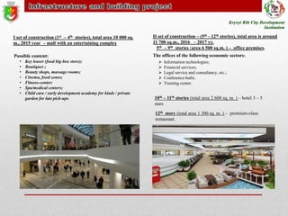 І set of construction (1st – 4th stories), total area 10 000 sq.
m., 2015 year – mall with an entertaining complex

ІІ set of construction – (5th - 12th stories), total area is around
11 700 sq.m., 2016 – 2017 yy.
5th – 9th stories (area 6 500 sq.m. ) – office premises.

Possible content:

The offices of the following economic sectors:

•
•
•
•
•
•
•

Key leaser (food big-box store);
Boutiques ;
Beauty shops, massage rooms;
Cinema, food-zones;
Fitness-center;
Spa/medical centers;
Child care / early development academy for kinds / private
garden for late pick-ups.







Information technologies;
Financial services;
Legal service and consultancy, etc.;
Conference-halls;
Training center.

10th – 11th stories (total area 2 600 sq. m. ) – hotel 3 – 5
stars
12th story (total area 1 300 sq. m. ) – premium-class
restaurant.

 