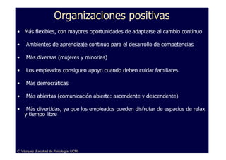 Organizaciones positivas
• Más flexibles, con mayores oportunidades de adaptarse al cambio continuo

•    Ambientes de aprendizaje continuo para el desarrollo de competencias

•    Más diversas (mujeres y minorías)

•    Los empleados consiguen apoyo cuando deben cuidar familiares

•    Más democráticas

•    Más abiertas (comunicación abierta: ascendente y descendente)

•    Más divertidas, ya que los empleados pueden disfrutar de espacios de relax
    y tiempo libre




C. Vázquez (Facultad de Psicología, UCM)
 