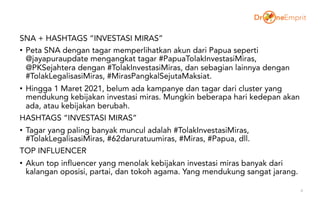 SNA + HASHTAGS “INVESTASI MIRAS”
• Peta SNA dengan tagar memperlihatkan akun dari Papua seperti
@jayapuraupdate mengangkat tagar #PapuaTolakInvestasiMiras,
@PKSejahtera dengan #TolakInvestasiMiras, dan sebagian lainnya dengan
#TolakLegalisasiMiras, #MirasPangkalSejutaMaksiat.
• Hingga 1 Maret 2021, belum ada kampanye dan tagar dari cluster yang
mendukung kebijakan investasi miras. Mungkin beberapa hari kedepan akan
ada, atau kebijakan berubah.
HASHTAGS “INVESTASI MIRAS”
• Tagar yang paling banyak muncul adalah #TolakInvestasiMiras,
#TolakLegalisasiMiras, #62daruratuumiras, #Miras, #Papua, dll.
TOP INFLUENCER
• Akun top influencer yang menolak kebijakan investasi miras banyak dari
kalangan oposisi, partai, dan tokoh agama. Yang mendukung sangat jarang.
6
 