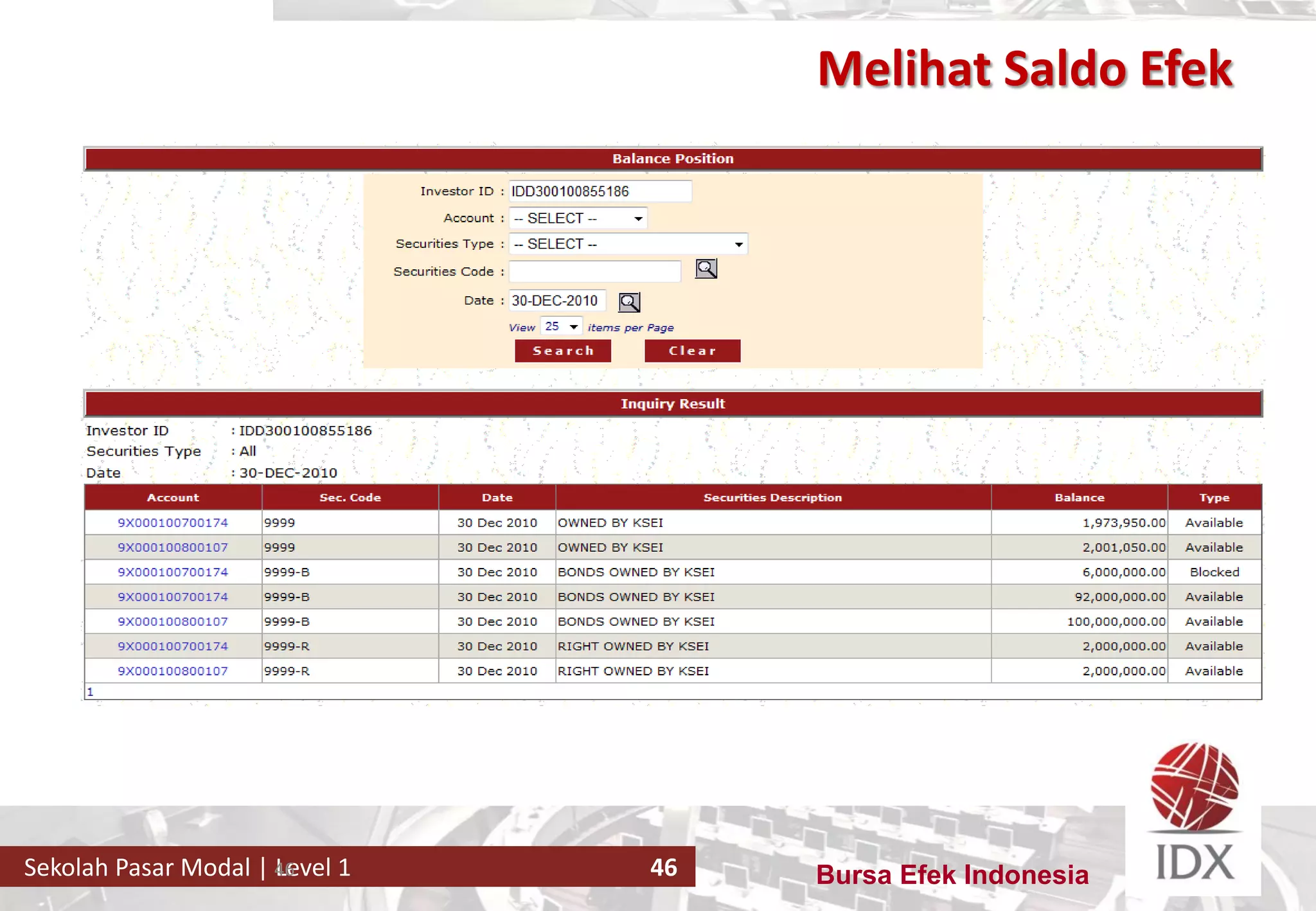 Bursa Efek IndonesiaSekolah Pasar Modal | Level 1 46
Melihat Saldo Efek
46
 