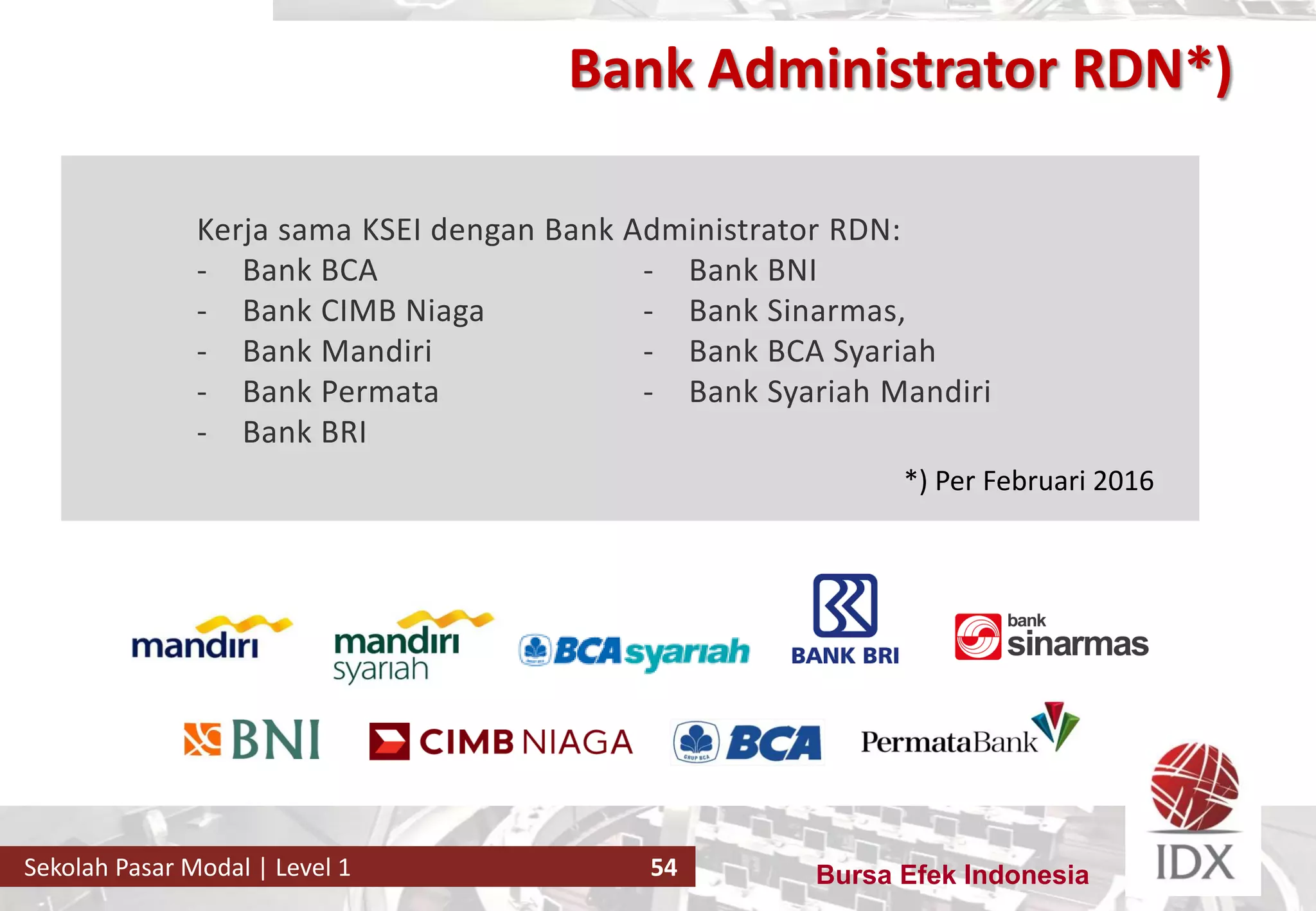 Bursa Efek IndonesiaSekolah Pasar Modal | Level 1 54
Bank Administrator RDN*)
*) Per Februari 2016
Kerja sama KSEI dengan Bank Administrator RDN:
- Bank BCA
- Bank CIMB Niaga
- Bank Mandiri
- Bank Permata
- Bank BRI
- Bank BNI
- Bank Sinarmas,
- Bank BCA Syariah
- Bank Syariah Mandiri
 