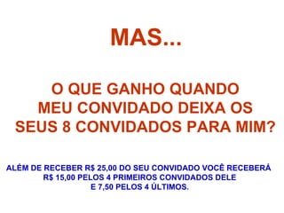 MAS... O QUE GANHO QUANDO MEU CONVIDADO DEIXA OS SEUS 8 CONVIDADOS PARA MIM? ALÉM DE RECEBER R$ 25,00 DO SEU CONVIDADO VOCÊ RECEBERÁ  R$ 15,00 PELOS 4 PRIMEIROS CONVIDADOS DELE E 7,50 PELOS 4 ÚLTIMOS. 