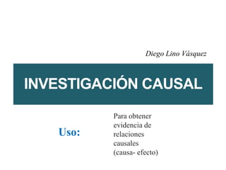 INVESTIGACIÓN CAUSAL
Para obtener
evidencia de
relaciones
causales
(causa- efecto)
Uso:
Diego Lino Vásquez
 
