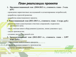 План реализации проекта Прединвестиционный этап  (2010-2013 гг., стоимость этапа – 3 млн. руб.) - проведение маркетинговых исследований и сегментирование потребителей; - разработка стратегий развития; - разработка инвестиционного проекта; 2. Инвестиционный этап (2011-2013 гг., стоимость этапа – 6 млрд. руб.) - реконструкция существующих очистных сооружений, гидролизно-дрожжевого цеха; - закуп, монтаж нового оборудования (сушилки, линии упаковки и др.); - запуск производства; - создание дистрибьюторской сети. 3. Эксплуатационный этап (2012-2013 гг., стоимость этапа – 3,997 млрд. руб.) - Определение свойств нового продукта; - запуск на полную мощность производства; - развитие дистрибьюторской сети; 