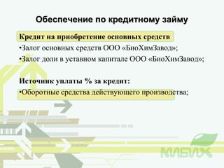 Кредит на приобретение основных средств Залог основных средств ООО «БиоХимЗавод»; Залог доли в уставном капитале ООО «БиоХимЗавод»; Источник уплаты % за кредит: Оборотные средства действующего производства; Обеспечение по кредитному займу 
