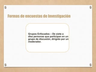 59
Formas de encuestas de Investigación
Grupos Enfocados – De siete a
diez personas que participan en un
grupo de discusión, dirigido por un
moderador.
 