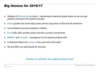 33 Confidential | Investec Asset Management
P20161020_7921554P
Confidential | Investec Asset Management
Big themes for 2016/17
Caution is advised, but opportunities exist
● Stability of SA politics is crucial – maintaining investment grade status so we can get
positive momentum for growth and jobs
● China growth and commodity prices will be a big driver of EM and SA sentiment
● Commodity/oil recovery leading to inflation
● Fed, ECB, BoE and BoJ policy will drive currency movements
● BREXIT and Trump?... emergence of non-tolerant political shift
● Is Deutsche Bank the canary in the coal mine of Europe?
● SA and EM’s are well placed for recovery
 
