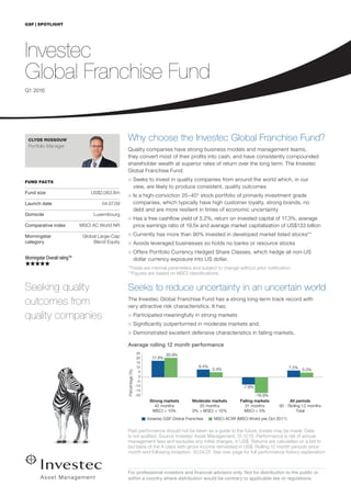 GSF | SPOTLIGHT
For professional investors and financial advisors only. Not for distribution to the public or
within a country where distribution would be contrary to applicable law or regulations.
CLYDE ROSSOUW
Portfolio Manager
FUND FACTS
Fund size US$2,063.8m
Launch date 04.07.09
Domicile Luxembourg
Comparative index MSCI AC World NR
Morningstar
category
Global Large-Cap
Blend Equity
Why choose the Investec Global Franchise Fund?
Quality companies have strong business models and management teams,
they convert most of their profits into cash, and have consistently compounded
shareholder wealth at superior rates of return over the long term. The Investec
Global Franchise Fund:
○○ Seeks to invest in quality companies from around the world which, in our
view, are likely to produce consistent, quality outcomes
○○ Is a high-conviction 25–40* stock portfolio of primarily investment grade
companies, which typically have high customer loyalty, strong brands, no
debt and are more resilient in times of economic uncertainty
○○ Has a free cashflow yield of 5.2%, return on invested capital of 17.3%, average
price earnings ratio of 19.5x and average market capitalisation of US$133 billion
○○ Currently has more than 90% invested in developed market listed stocks**
○○ Avoids leveraged businesses so holds no banks or resource stocks
○○ Offers Portfolio Currency Hedged Share Classes, which hedge all non-US
dollar currency exposure into US dollar.
*These are internal parameters and subject to change without prior notification.
**Figures are based on MSCI classifications.
Seeks to reduce uncertainty in an uncertain world
The Investec Global Franchise Fund has a strong long-term track record with
very attractive risk characteristics. It has:
○○ Participated meaningfully in strong markets
○○ Significantly outperformed in moderate markets and;
○○ Demonstrated excellent defensive characteristics in falling markets.
Average rolling 12 month performance
Past performance should not be taken as a guide to the future, losses may be made. Data
is not audited. Source: Investec Asset Management, 31.12.15. Performance is net of annual
management fees and excludes any initial charges, in US$. Returns are calculated on a bid to
bid basis of the A class with gross income reinvested in US$. Rolling 12 month periods since
month end following inception: 30.04.07. See over page for full performance history explanation.
17.8%
8.4%
-7.8%
7.2%
20.9%
5.4%
-16.9%
5.0%
-20
-15
-10
-5
0
5
10
15
20
25
Strong markets
42 months
MSCI > 10%
Moderate markets
20 months
0% < MSCI < 10%
Falling markets
31 months
MSCI < 0%
All periods
93 - Rolling 12 months
Total
Investec GSF Global Franchise MSCI ACWI (MSCI World pre Oct 2011)
Percentage(%)
Seeking quality
outcomes from
quality companies
Investec
Global Franchise Fund
Q1 2016
 
