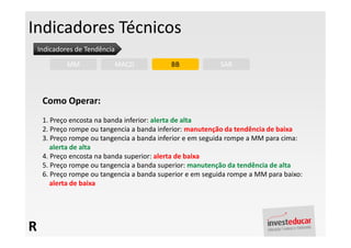Indicadores Técnicos
    Indicadores de Tendência

             MM                MACD         BB             SAR



     Como Operar:
     1. Preço encosta na banda inferior: alerta de alta
     2. Preço rompe ou tangencia a banda inferior: manutenção da tendência de baixa
     3. Preço rompe ou tangencia a banda inferior e em seguida rompe a MM para cima:
        alerta de alta
     4. Preço encosta na banda superior: alerta de baixa
     5. Preço rompe ou tangencia a banda superior: manutenção da tendência de alta
     6. Preço rompe ou tangencia a banda superior e em seguida rompe a MM para baixo:
        alerta de baixa




R
 