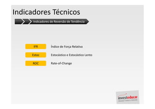 Indicadores Técnicos
      Indicadores de Reversão de Tendência




      IFR         Índice de Força Relativa

     Estoc        Estocástico e Estocástico Lento

      ROC         Rate-of-Change
 