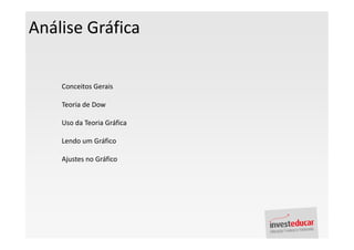Análise Gráfica

    Conceitos Gerais

    Teoria de Dow

    Uso da Teoria Gráfica

    Lendo um Gráfico

    Ajustes no Gráfico
 