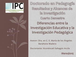 Asesor: Dra. en C. E. María de los Ángeles
Barahona Madero
Diferencias entre la
Investigación Educativa y la
Investigación Pedagógica
Doctorante: Xicoténcatl Sahagún Arcila
 