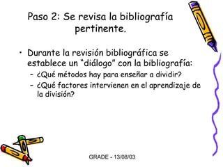 Paso 2: Se revisa la bibliografía
pertinente.
• Durante la revisión bibliográfica se
establece un “diálogo” con la bibliografía:
– ¿Qué métodos hay para enseñar a dividir?
– ¿Qué factores intervienen en el aprendizaje de
la división?

GRADE - 13/08/03

 