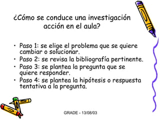 ¿Cómo se conduce una investigación
acción en el aula?
• Paso 1: se elige el problema que se quiere
cambiar o solucionar.
• Paso 2: se revisa la bibliografía pertinente.
• Paso 3: se plantea la pregunta que se
quiere responder.
• Paso 4: se plantea la hipótesis o respuesta
tentativa a la pregunta.

GRADE - 13/08/03

 