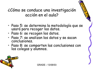 ¿Cómo se conduce una investigación
acción en el aula?
• Paso 5: se determina la metodología que se
usará para recoger los datos.
• Paso 6: se recogen los datos.
• Paso 7: se analizan los datos y se sacan
conclusiones.
• Paso 8: se comparten las conclusiones con
los colegas y alumnos.

GRADE - 13/08/03

 