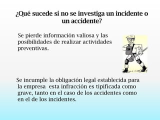 ¿Qué sucede si no se investiga un incidente o un accidente?    Se pierde información valiosa y las posibilidades de realizar actividades preventivas.    Se incumple la obligación legal establecida para la empresa  esta infracción es tipificada como grave, tanto en el caso de los accidentes como en el de los incidentes.