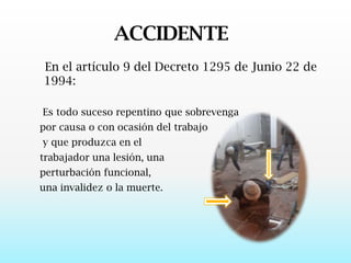 ACCIDENTE    En el artículo 9 del Decreto 1295 de Junio 22 de 1994:    Es todo suceso repentino que sobrevenga   por causa o con ocasión del trabajo    y que produzca en el    trabajador una lesión, una   perturbación funcional,    una invalidez o la muerte.