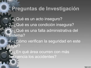 Preguntas de Investigación
• 1.-¿Qué es un acto inseguro?
• 2.-¿Qué es una condición insegura?
• 3.-¿Qué es una falla administrativa del
  sistema?
• 4.-¿Cómo verifican la seguridad en este
  lugar?
• 5.-¿En qué área ocurren con más
  frecuencia los accidentes?
 