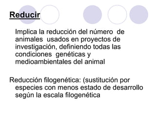 Reducir
Implica la reducción del número de
animales usados en proyectos de
investigación, definiendo todas las
condiciones genéticas y
medioambientales del animal
Reducción filogenética: (sustitución por
especies con menos estado de desarrollo
según la escala filogenética
 