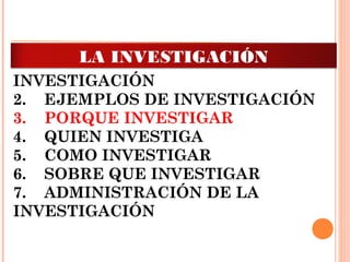 1.    INTRODUCCIÓN A LA
INVESTIGACIÓN
2.    EJEMPLOS DE INVESTIGACIÓN
3.    PORQUE INVESTIGAR
4.    QUIEN INVESTIGA 
5.    COMO INVESTIGAR
6.    SOBRE QUE INVESTIGAR
7.    ADMINISTRACIÓN DE LA
INVESTIGACIÓN
LA INVESTIGACIÓN
 