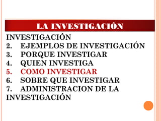 1.    INTRODUCCIÓN A LA
INVESTIGACIÓN
2.    EJEMPLOS DE INVESTIGACIÓN
3.    PORQUE INVESTIGAR
4.    QUIEN INVESTIGA 
5.    COMO INVESTIGAR
6.    SOBRE QUE INVESTIGAR
7.    ADMINISTRACION DE LA
INVESTIGACIÓN
LA INVESTIGACIÓN
 