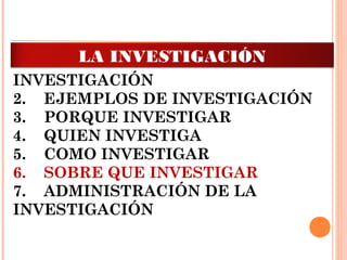 1.    INTRODUCCIÓN A LA
INVESTIGACIÓN
2.    EJEMPLOS DE INVESTIGACIÓN
3.    PORQUE INVESTIGAR
4.    QUIEN INVESTIGA 
5.    COMO INVESTIGAR
6.    SOBRE QUE INVESTIGAR
7.    ADMINISTRACIÓN DE LA
INVESTIGACIÓN
LA INVESTIGACIÓN
 
