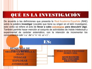 De acuerdo a las definiciones que presenta la Real Academia Española (RAE)
sobre la palabra investigar (vocablo que tiene su origen en el latín investigare),
este verbo se refiere al acto de llevar a cabo estrategias para descubrir algo.
También permite hacer mención al conjunto de actividades de índole intelectual y
experimental de carácter sistemático, con la intención de incrementar los
conocimientos sobre un determinado asunto.
QUÉ ES LA INVESTIGACIÓN
LA INVESTIGACIÓN
ES:
BÚSQUEDA DE
SOLUCIONES
EXPLORAR
INDAGAR
AVERIGUAR
SEGUIR LA HUELLA A
ALGO
PERO ESTOS PROCESOS
DEBEN SER:
SISTEMATICOS
ORGANIZADOS
OBJETIVOS
 