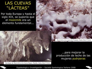Por toda Europa y hasta el siglo XIX, se suponía que el  moonmilk  era un elemento fundamental... ...para mejorar la producción de leche de las mujeres  puérperas LAS CUEVAS “LÁCTEAS” Bandejas de Moonmilk en la Cueva Negra, Maiella, Italia (foto P.Forti) Moonmilk en la cueva de Frasassi, Italia (foto P.Forti) Espeleología e Investigación – Società Speleologica Italiana 2008 